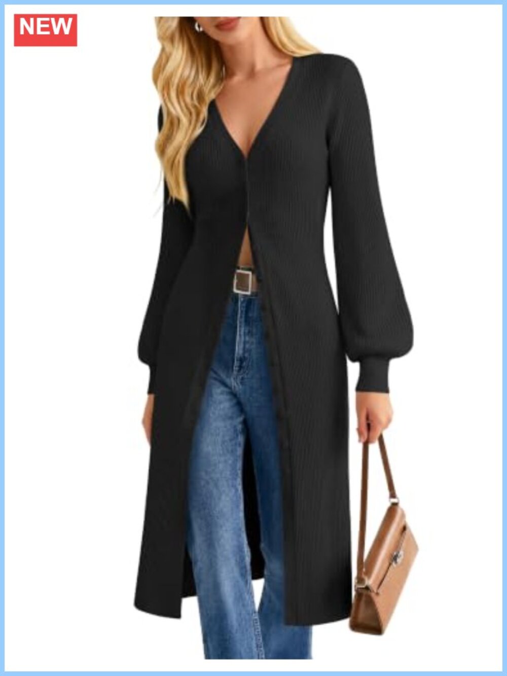 Long Cardigan Duster Sweater Coat Lantern Sleeve Chunky Knit
